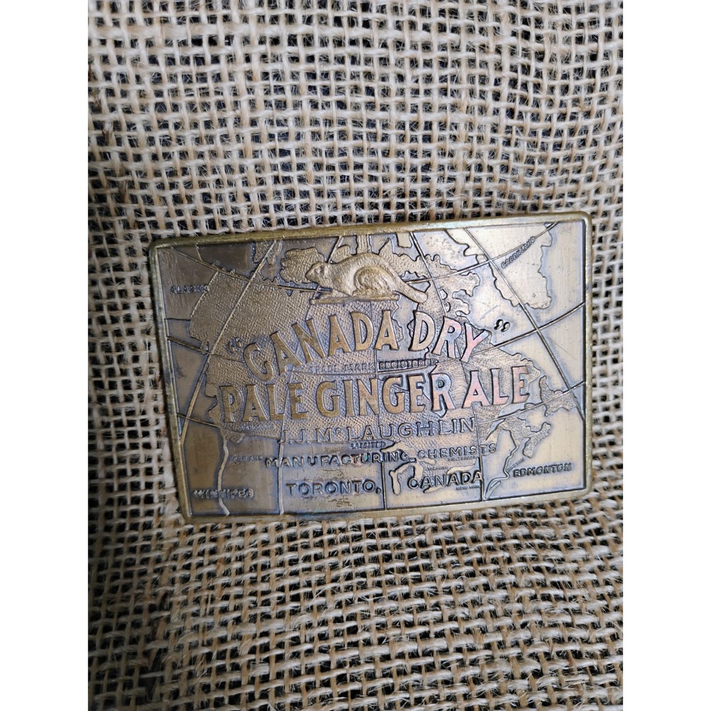 Vintage Canada Dry Pale Ginger Ale Brass Belt Buckle Map Beaver Toronto Canada